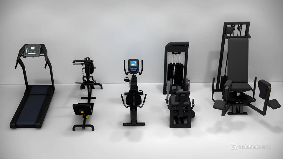Modern Home Gym Fitness Equipment Including Treadmill Rower Multi Trainer And Bench Press Set 3d model 