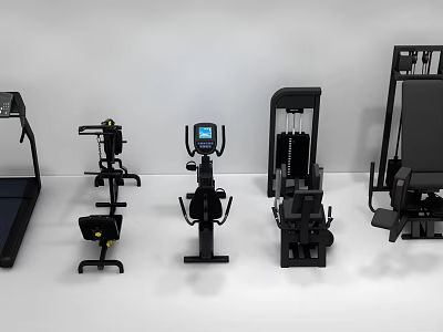 Modern Home Gym Fitness Equipment Including Treadmill Rower Multi Trainer And Bench Press Set 3d model