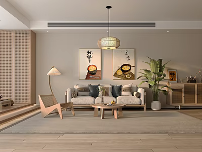 Cozy Warm Japanese Style Living Room With Natural Wood Furniture And Elegant Soft Decor 3d model
