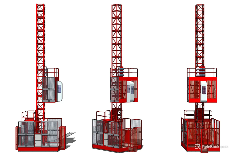 Red Construction Elevator With Metal Frame Safety Cabin For Building Site Vertical Transport 3d model