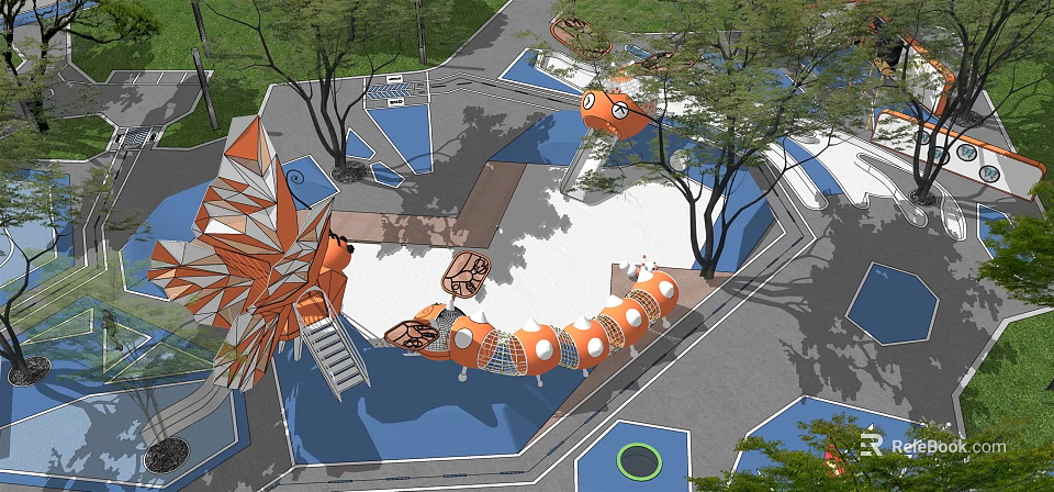 Colorful Children's Play Area With Orange Slide Climbing Structure And Surrounding Trees 3d model 