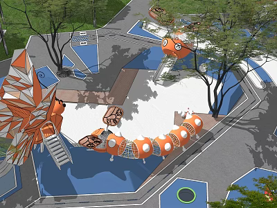 Colorful Children's Play Area With Orange Slide Climbing Structure And Surrounding Trees 3d model