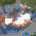Colorful Children's Play Area With Orange Slide Climbing Structure And Surrounding Trees