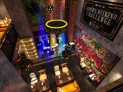 Game Themed Bar Interior With Brick Walls Graffiti Art Neon Blue Lighting And Plant Decor 3d model