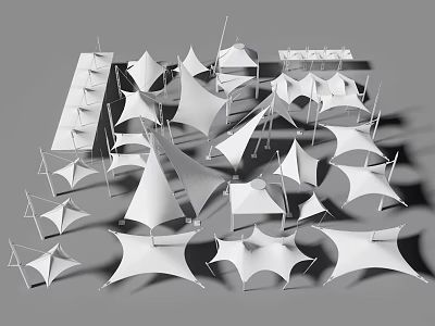 Tensile Membrane Architectural Structures Showcasing Various Geometric Shapes And White Canopies 3d model
