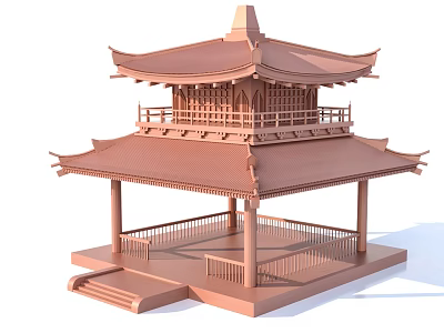 Traditional Chinese Ancient Architecture Two Story Pavilion With Curved Eaves Balustrades And Steps 3d model