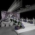 Elegant Banquet Hall With Purple Drapery Floral Decor Stage Steps And Chandeliers