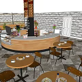 Casual Restaurant Interior Featuring Circular Counter Stone Wall Dining Tables And Fresh Salad 3d model