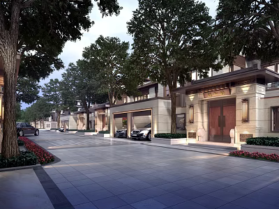 Townhouses Exterior With Trees Driveway Parked Cars And Elegant Entrance 3d model