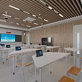 Modern Classroom With Wooden Walls White Tables Tablets Large Screen Projector And Ceiling Lighting