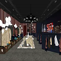 Clothing Store Interior With Red White Striped Walls Chandeliers Hanging Clothes Suitcase And City Night View