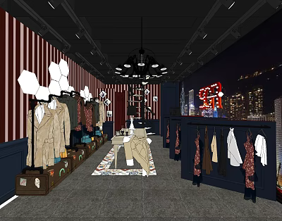 Clothing Store Interior With Red White Striped Walls Chandeliers Hanging Clothes Suitcase And City Night View 3d model