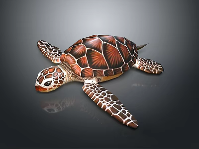 Vibrant Sea Turtle With Patterned Shell Striped Flippers And Reflection On Dark Background 3d model