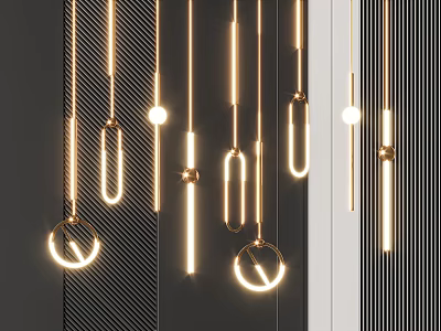 Modern Luxury Pendant Lights With Geometric Ring And Bar Design Illuminated In Contemporary Interior 3d model