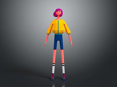 3D Animated Game Movie Character With Pink Hair Yellow Jacket Blue Pants And Roller Skates 3d model