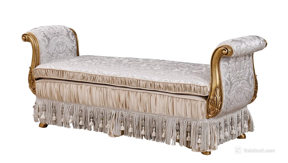 Elegant Classic Style Ottoman With Golden Armrests And Fringed Fabric Details 3d model 