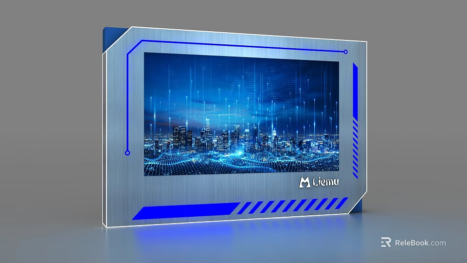 Modern Display Shelf With Blue Border Illuminated Screen Showing City Network Lines And Libratone Logo 3d model 