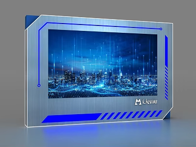 Modern Display Shelf With Blue Border Illuminated Screen Showing City Network Lines And Libratone Logo 3d model