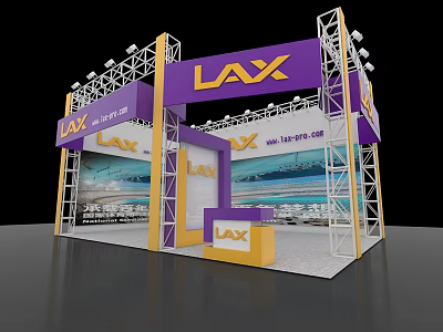 LAX Exhibition Booth Design With Purple Yellow Accents And Metal Frame Structure 3d model