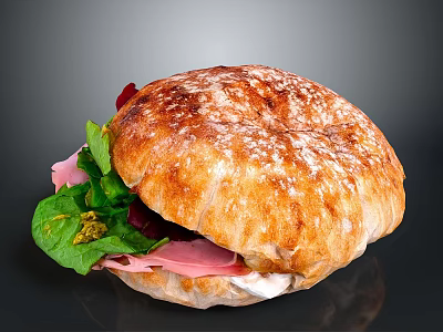Tasty Ham Sandwich With Fresh Greens Creamy Sauce on Flour Dusted Crusty Bread 3d model