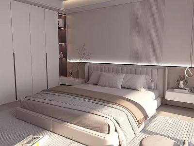 Modern Kids Bed with Light Wardrobe Simple Nightstand and Soft Decorative Plant 3d model