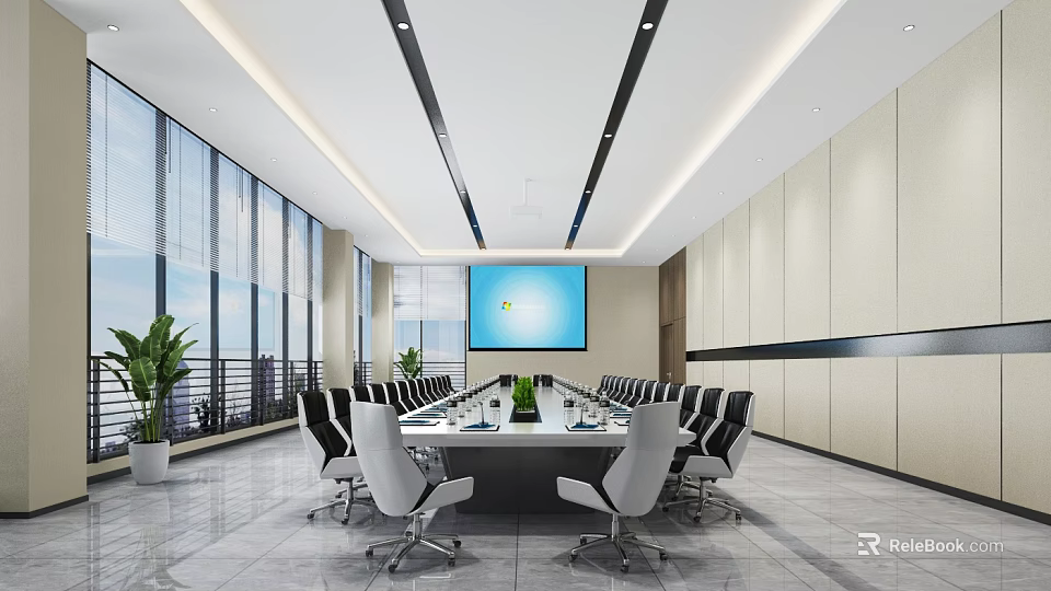 Modern Conference Room Interior Design With Large Windows Long Table White Chairs And Green Plants 3d model 