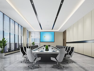 Modern Conference Room Interior Design With Large Windows Long Table White Chairs And Green Plants 3d model