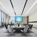 Modern Conference Room Interior Design With Large Windows Long Table White Chairs And Green Plants