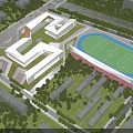 Modern School Building Complex With Central Sports Field And Green Surroundings
