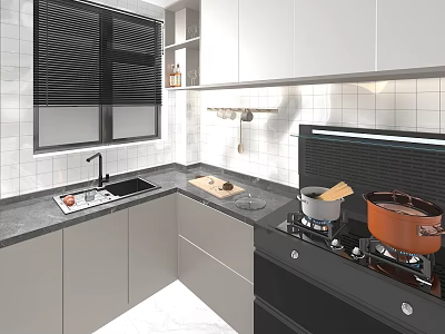 Modern Kitchen Interior With White Cabinets Gray Countertop Stove With Pans And White Tiled Backsplash 3d model