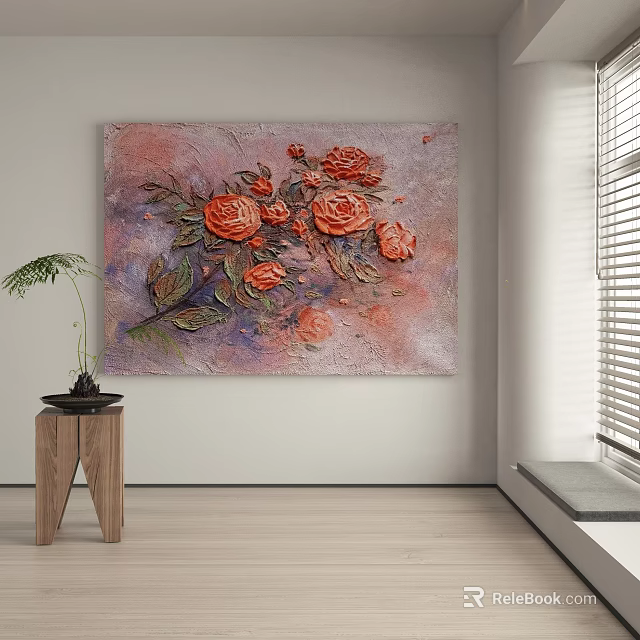 3D Textured Botanical Painting With Red Roses Pink Purple Background For Living Room Decor 3d model 