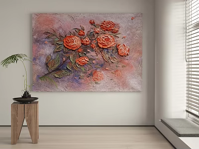 3D Textured Botanical Painting With Red Roses Pink Purple Background For Living Room Decor 3d model