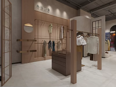 Elegant Modern Wooden Clothing Store Interior With Tidy Garment Displays And Bright Comfortable Shopping Environment 3d model