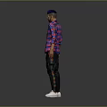 Male Character In Pink Plaid Shirt Black Pants With Purple Headscarf Sunglasses And Gray Background