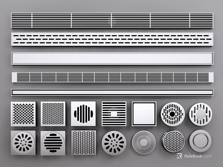 Various Designed Bathroom Floor Drains With Different Grate Patterns And Shapes 3d model 