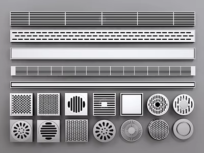 Various Designed Bathroom Floor Drains With Different Grate Patterns And Shapes 3d model
