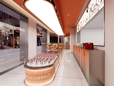 Sweet Dessert Shop With Glass Display Case Pastries Orange Walls And Bright Lighting 3d model