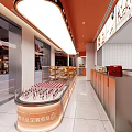 Sweet Dessert Shop With Glass Display Case Pastries Orange Walls And Bright Lighting