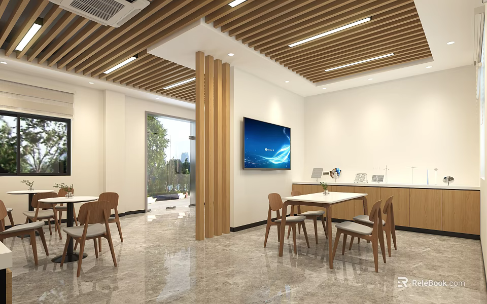 Interior Space With Wooden Ceiling White Walls TV Tables Chairs Marble Floor And Green Plants 3d model 