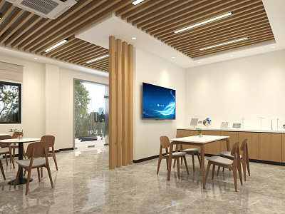 Interior Space With Wooden Ceiling White Walls TV Tables Chairs Marble Floor And Green Plants 3d model