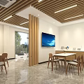 Interior Space With Wooden Ceiling White Walls TV Tables Chairs Marble Floor And Green Plants