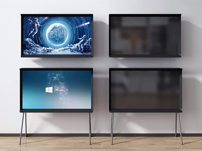 Modern TVs With Wall Mounted And Stand Designs Showing Scenery And Interface Screens 3d model