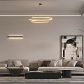 Modern Living and Dining Room Interior with Beige Sofa Coffee Table Pendant Light and Artwork