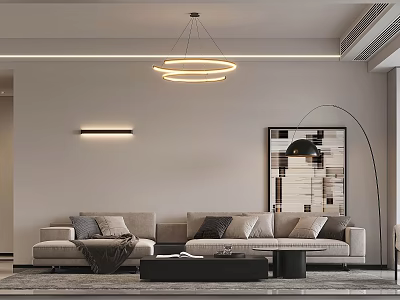 Modern Living and Dining Room Interior with Beige Sofa Coffee Table Pendant Light and Artwork 3d model