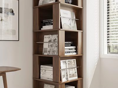 Modern Wooden Bookcase With Layered Shelves Holding Books And Decorative Magazines 3d model