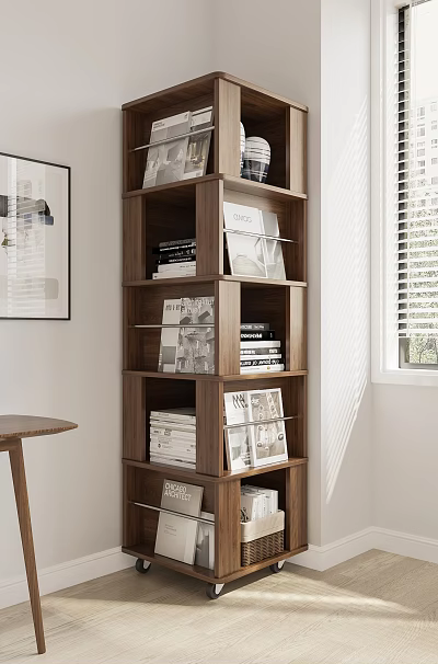 Modern Wooden Bookcase With Layered Shelves Holding Books And Decorative Magazines 3d model