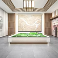 Modern Service Hall Interior With Curved Roof Red Doors And Windows And Sofa Seating Area