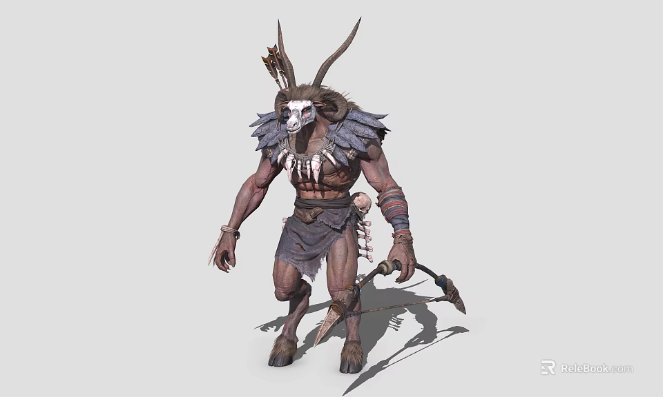 Game Movie Character Mythical Horned Warrior With Skeleton Mask Muscular Build And Medieval Weapon 3d model 