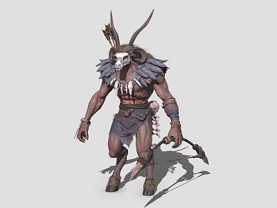 Game Movie Character Mythical Horned Warrior With Skeleton Mask Muscular Build And Medieval Weapon 3d model