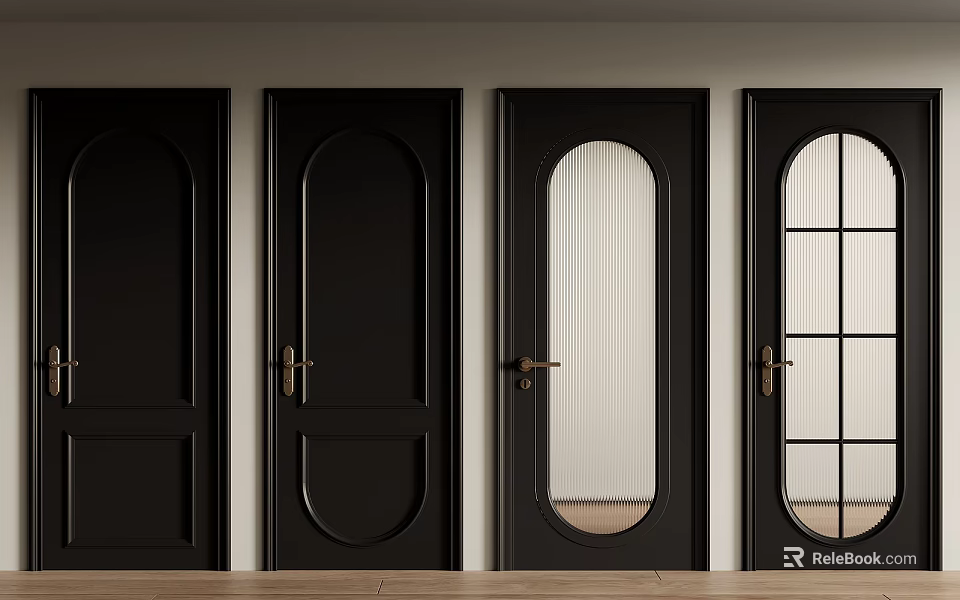 Four Black Hinged Doors With Various Designs Glass Panels And Golden Handles 3d model 